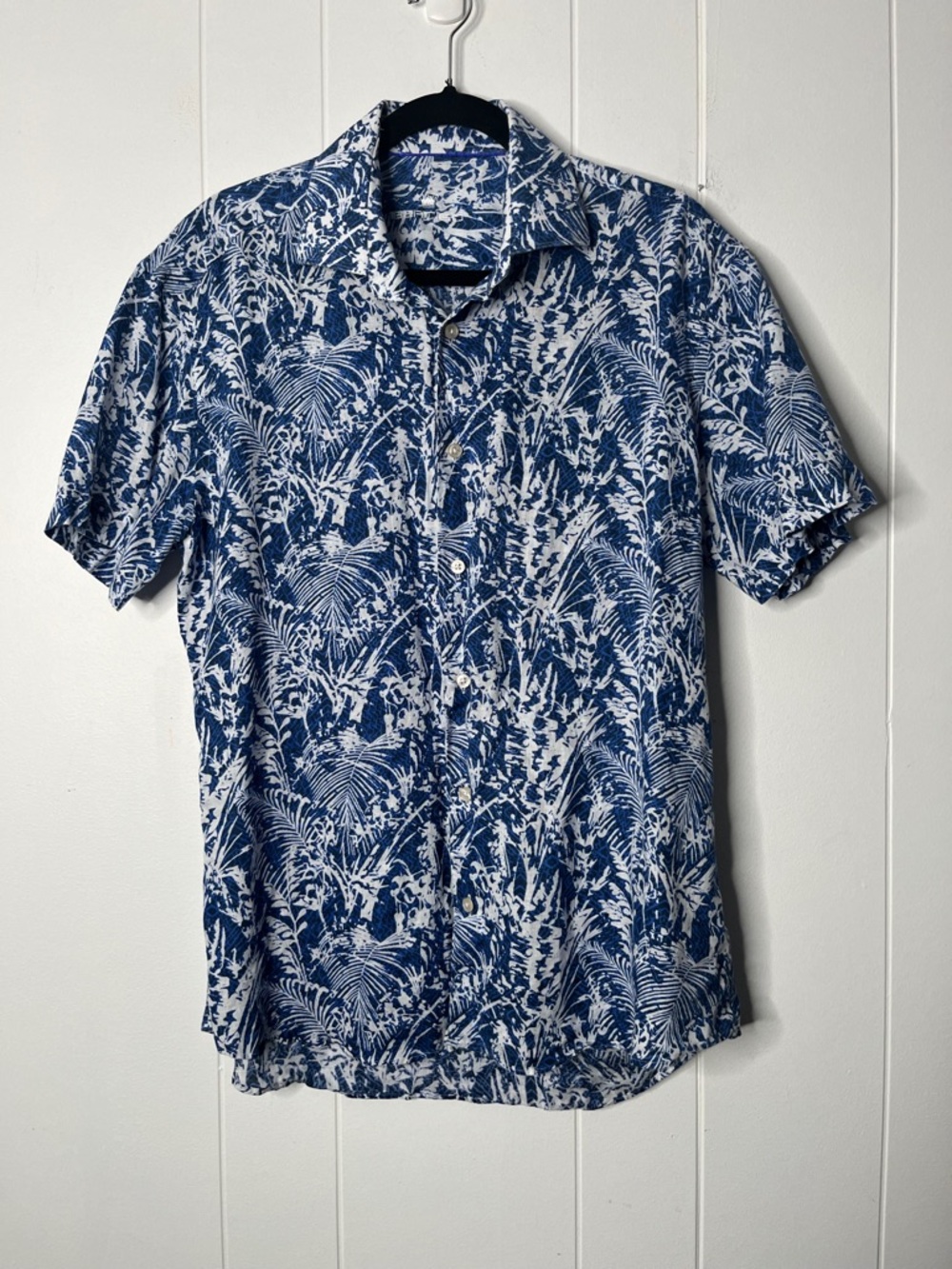 Bertigo 100% Linen Men's Blue Tropical Print Short-Sleeve Button-Down Shirt L